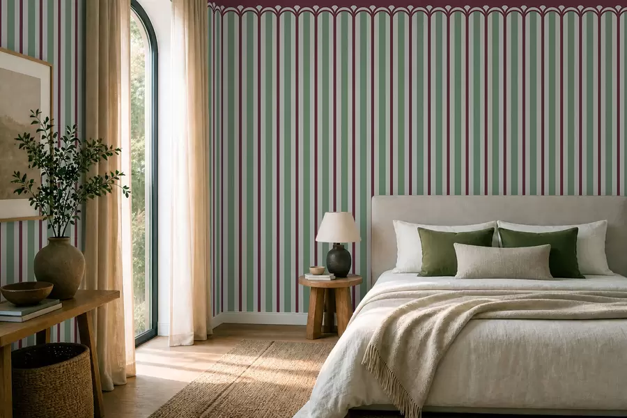 Papier peint Ornement vertical dans des tons verts et bordeaux w05610v3