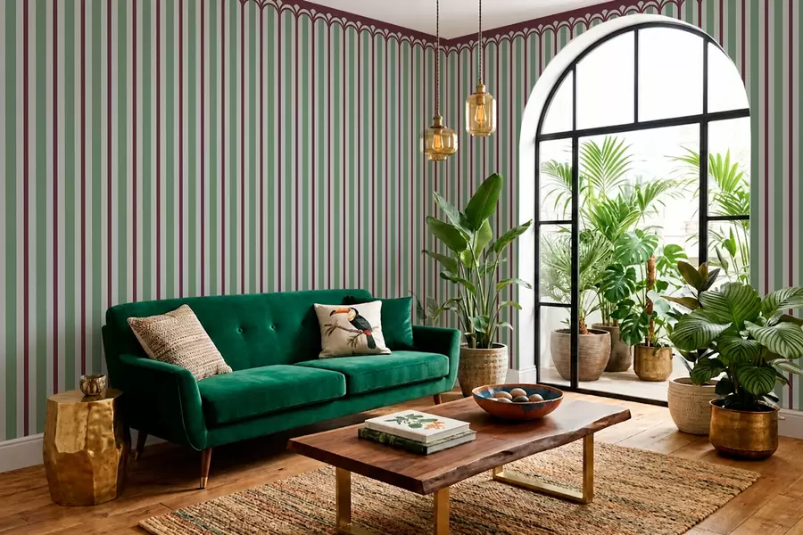 Papier peint Ornement vertical dans des tons verts et bordeaux w05610v3