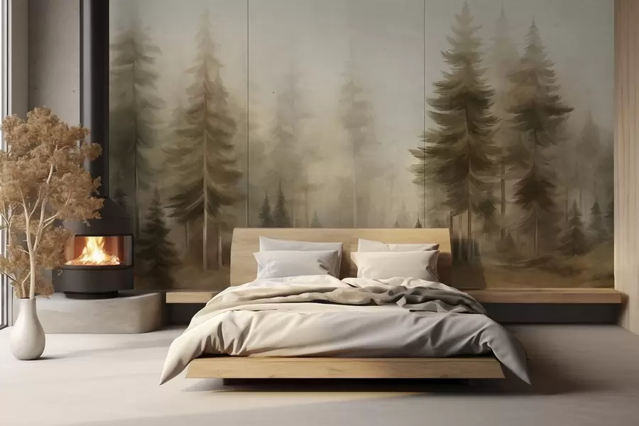 Papier peint Une forêt dense peuplée de grands pins dans une légère brume, une œuvre d'art paysager aux textures riches w09830
