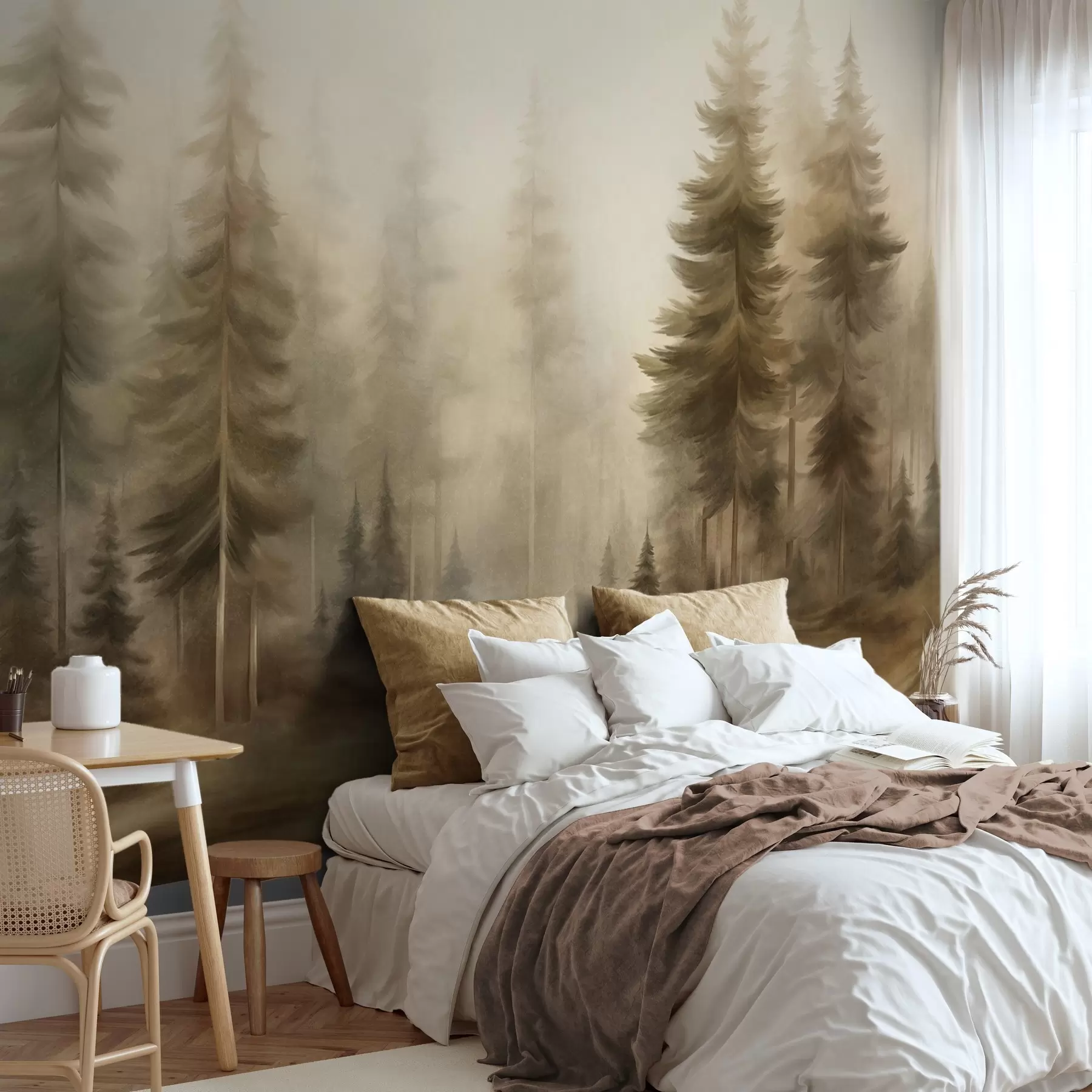 Papier peint Une forêt dense peuplée de grands pins dans une légère brume, une œuvre d'art paysager aux textures riches w09830