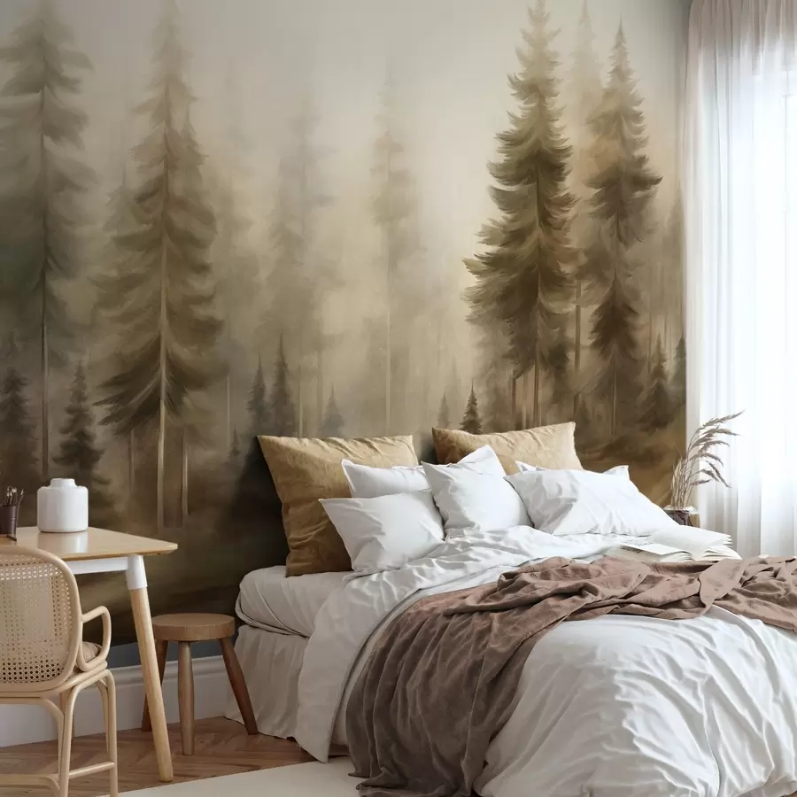 Papier peint Une forêt dense peuplée de grands pins dans une légère brume, une œuvre d'art paysager aux textures riches w09830