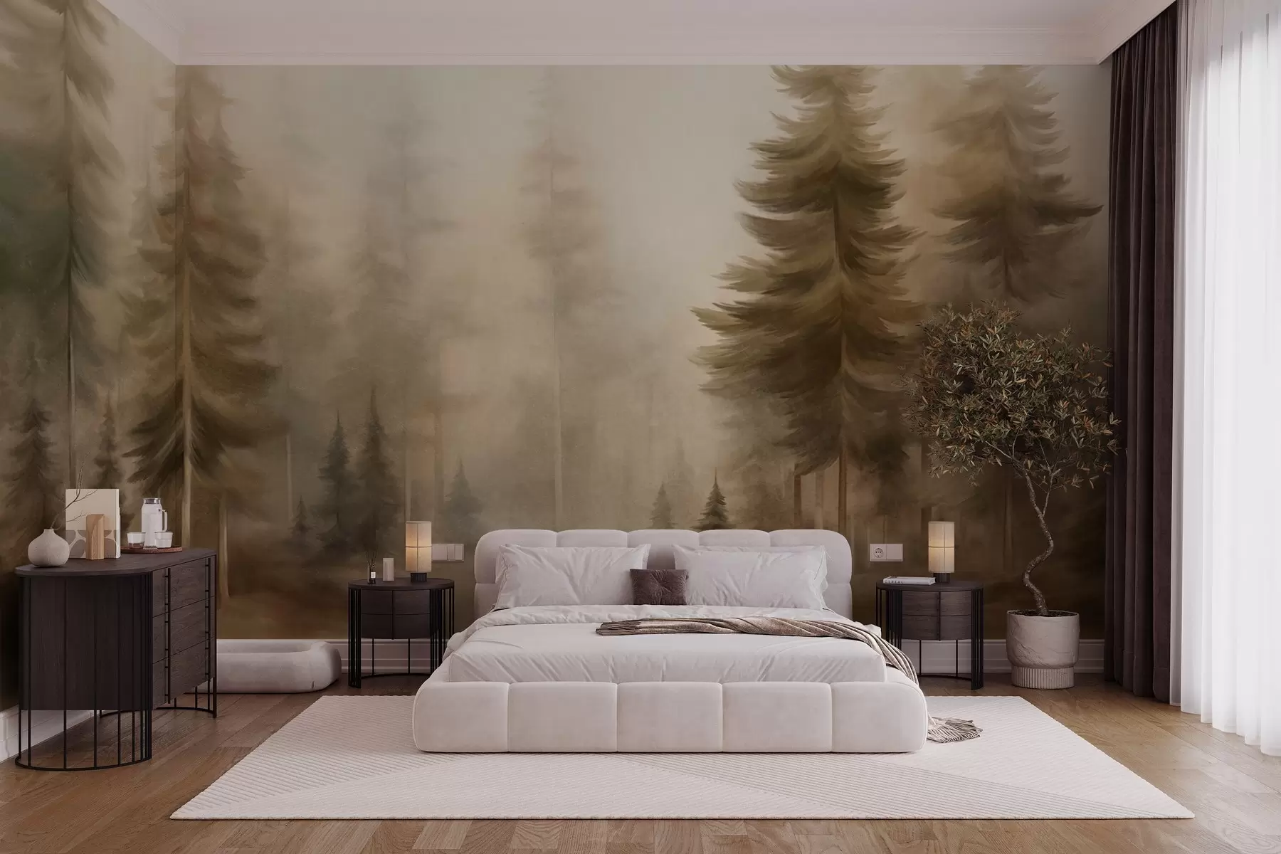 Papier peint Une forêt dense peuplée de grands pins dans une légère brume, une œuvre d'art paysager aux textures riches w09830