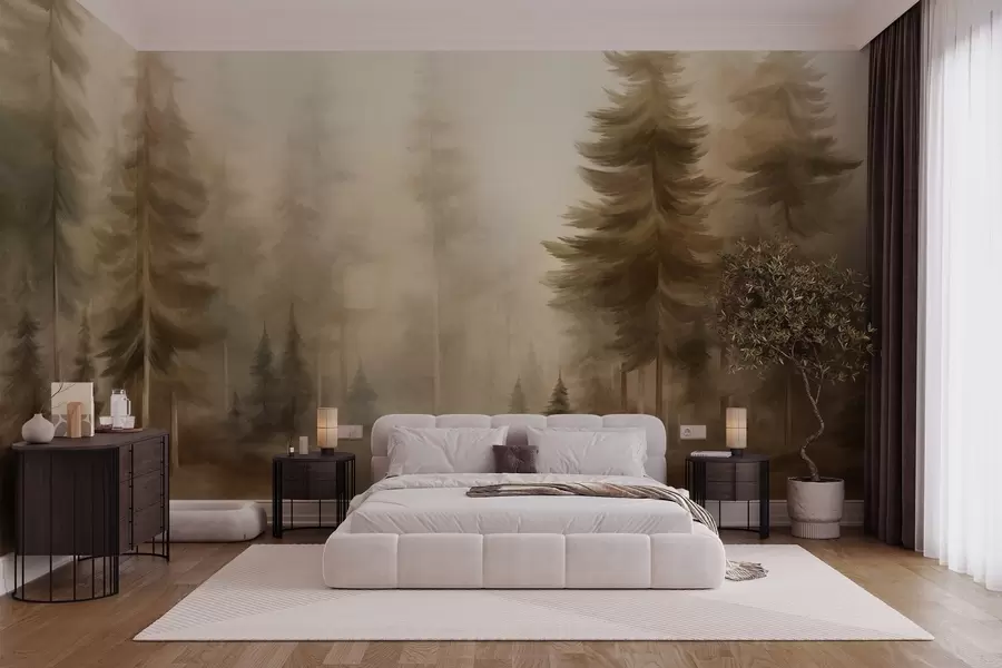 Papier peint Une forêt dense peuplée de grands pins dans une légère brume, une œuvre d'art paysager aux textures riches w09830