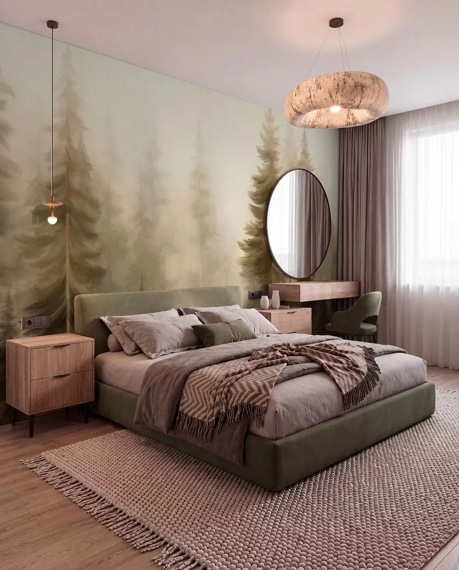 Papier peint Une forêt dense peuplée de grands pins dans une légère brume, une œuvre d'art paysager aux textures riches w09830