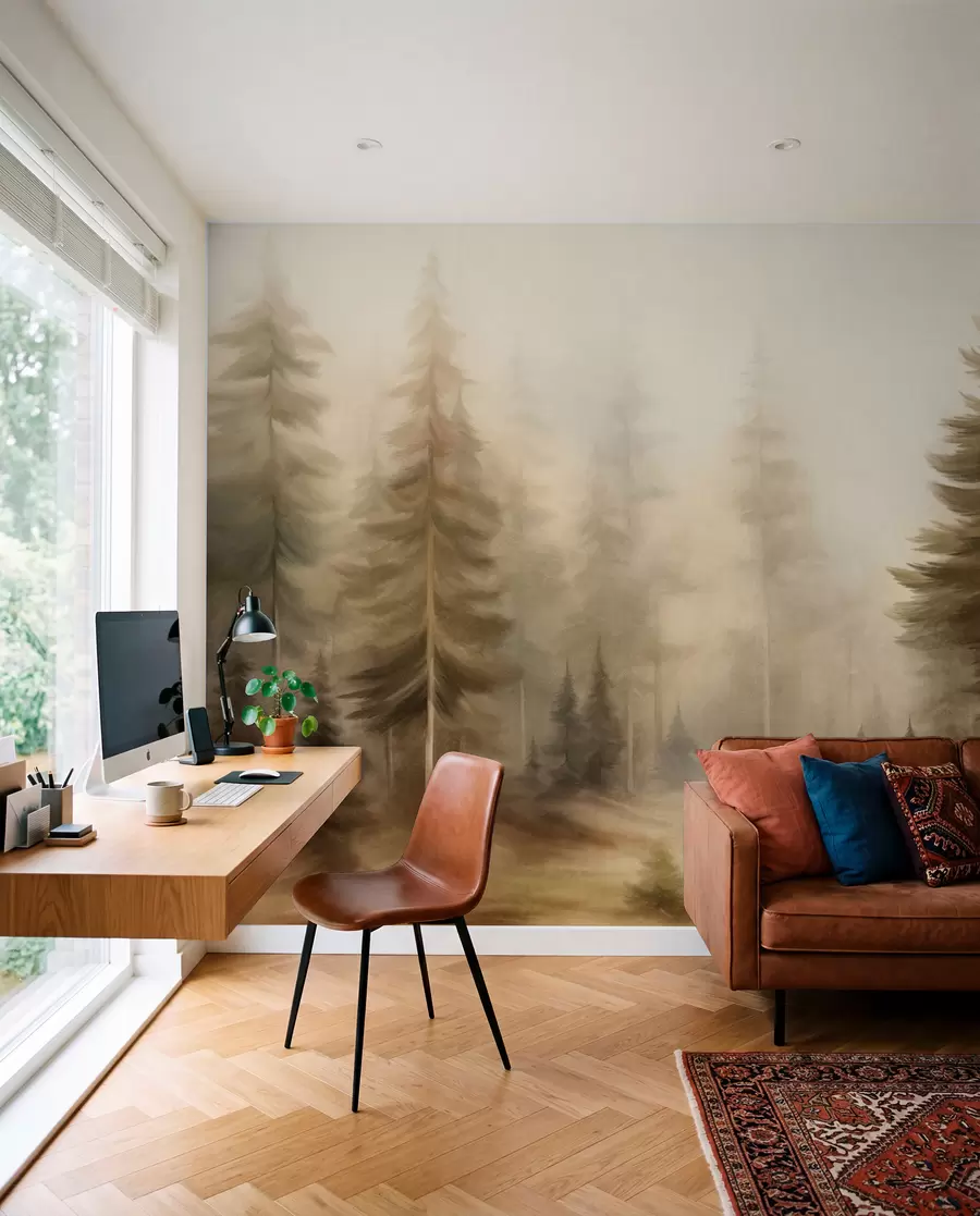 Papier peint Une forêt dense peuplée de grands pins dans une légère brume, une œuvre d'art paysager aux textures riches w09830