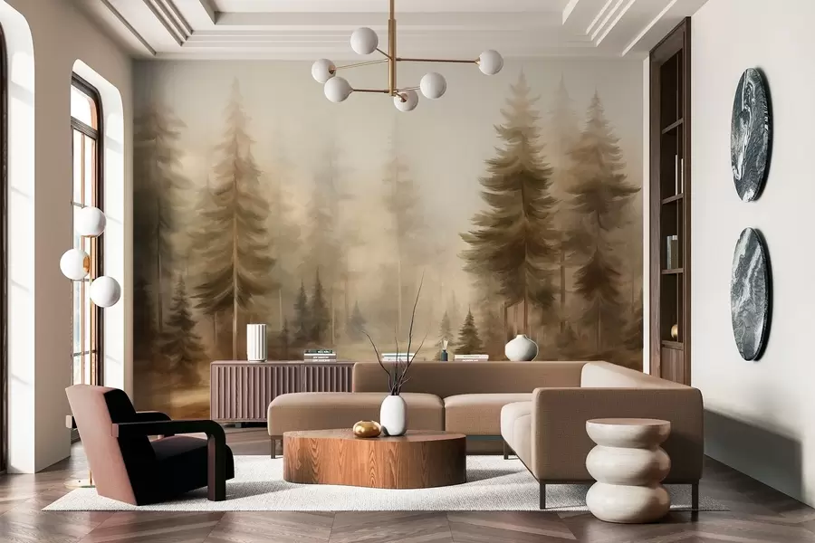 Papier peint Une forêt dense peuplée de grands pins dans une légère brume, une œuvre d'art paysager aux textures riches w09830