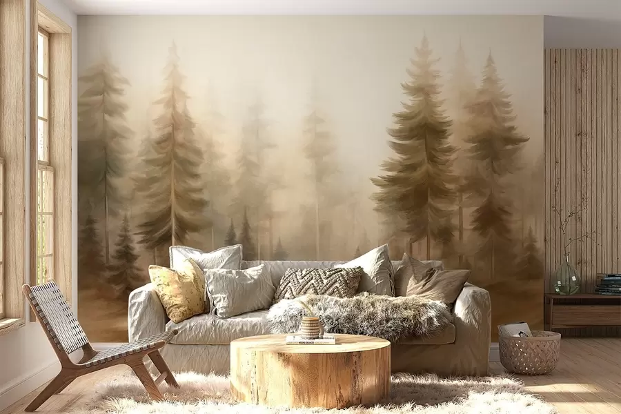 Papier peint Une forêt dense peuplée de grands pins dans une légère brume, une œuvre d'art paysager aux textures riches w09830