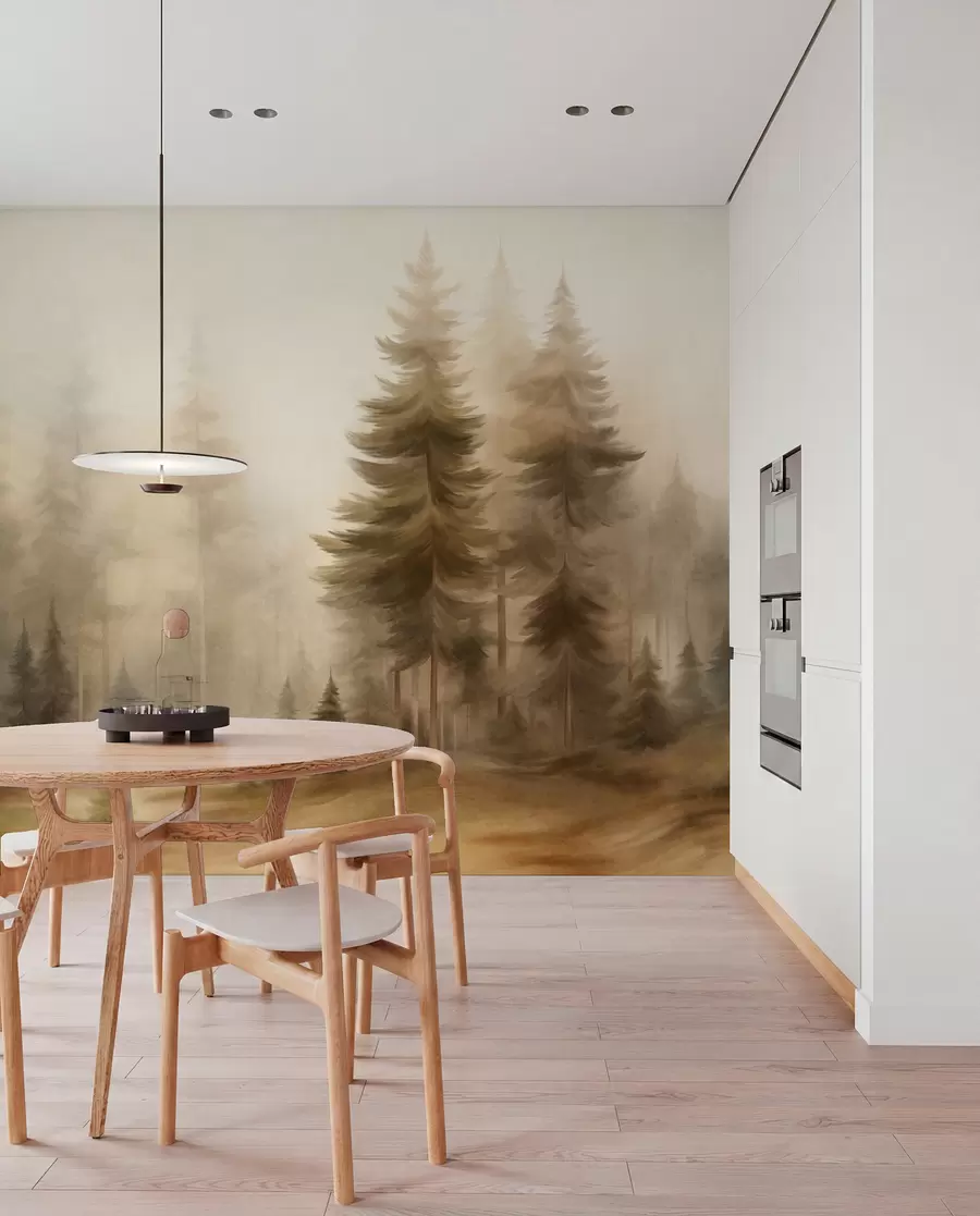 Papier peint Une forêt dense peuplée de grands pins dans une légère brume, une œuvre d'art paysager aux textures riches w09830