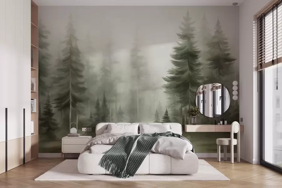 Papier peint Une forêt dense peuplée de grands pins dans une légère brume, une œuvre d'art paysager aux textures riches w09830v1
