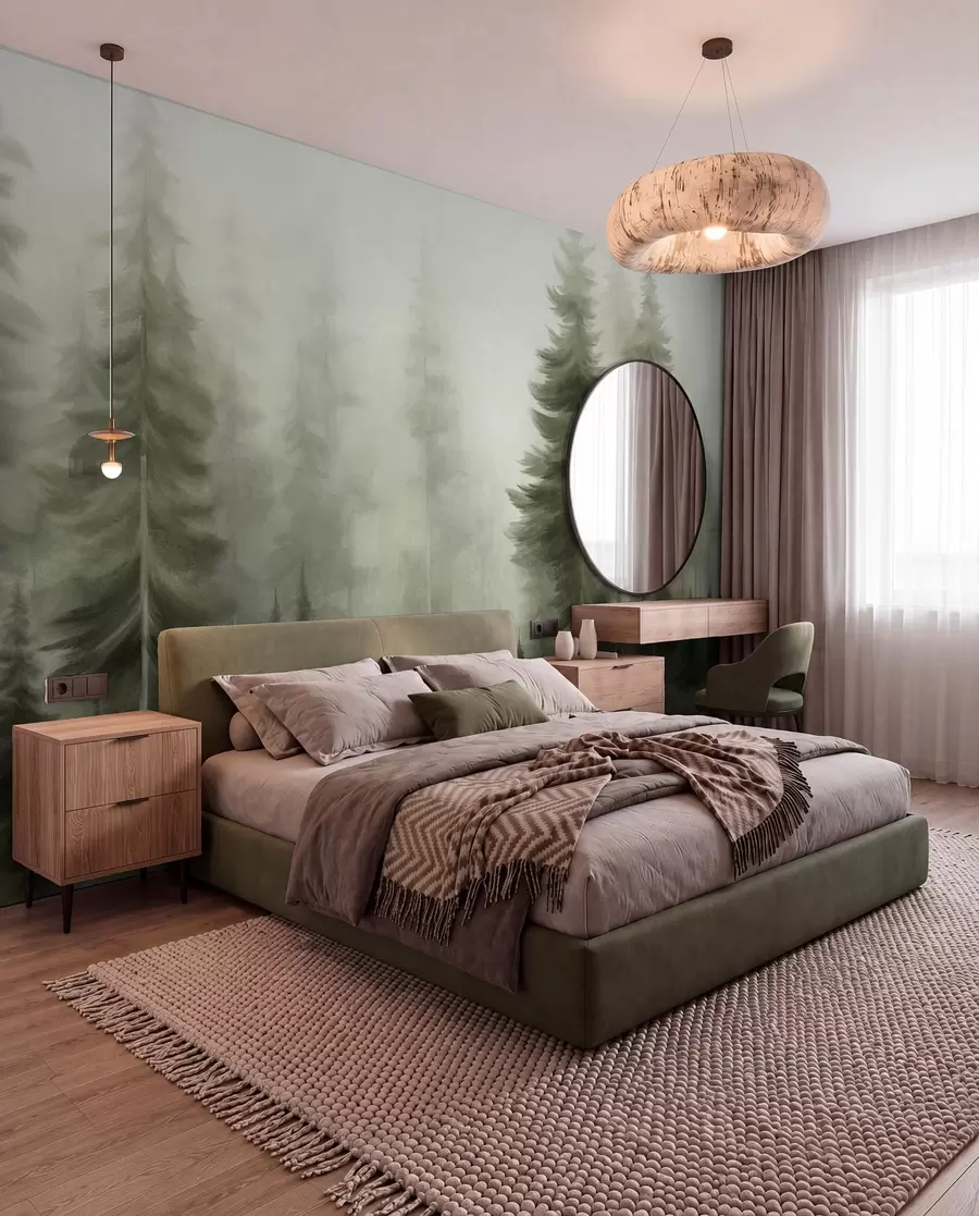 Papier peint Une forêt dense peuplée de grands pins dans une légère brume, une œuvre d'art paysager aux textures riches w09830v1