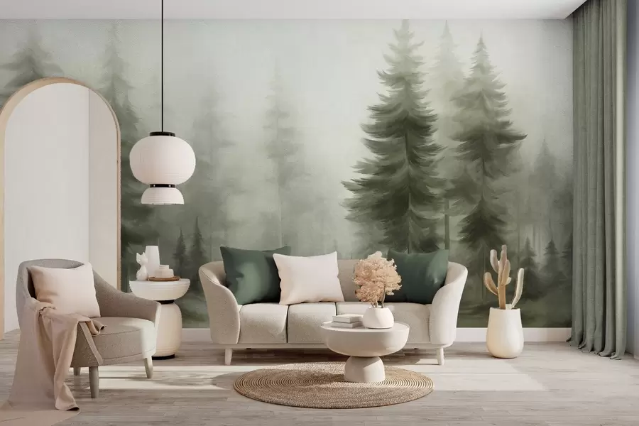 Papier peint Une forêt dense peuplée de grands pins dans une légère brume, une œuvre d'art paysager aux textures riches w09830v1