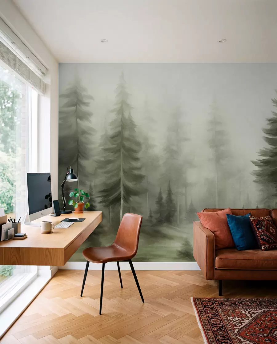 Papier peint Une forêt dense peuplée de grands pins dans une légère brume, une œuvre d'art paysager aux textures riches w09830v1