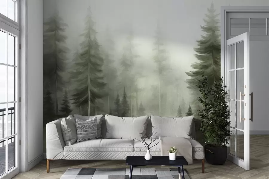 Papier peint Une forêt dense peuplée de grands pins dans une légère brume, une œuvre d'art paysager aux textures riches w09830v1