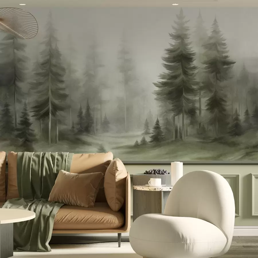 Papier peint Une forêt dense peuplée de grands pins dans une légère brume, une œuvre d'art paysager aux textures riches w09830v1