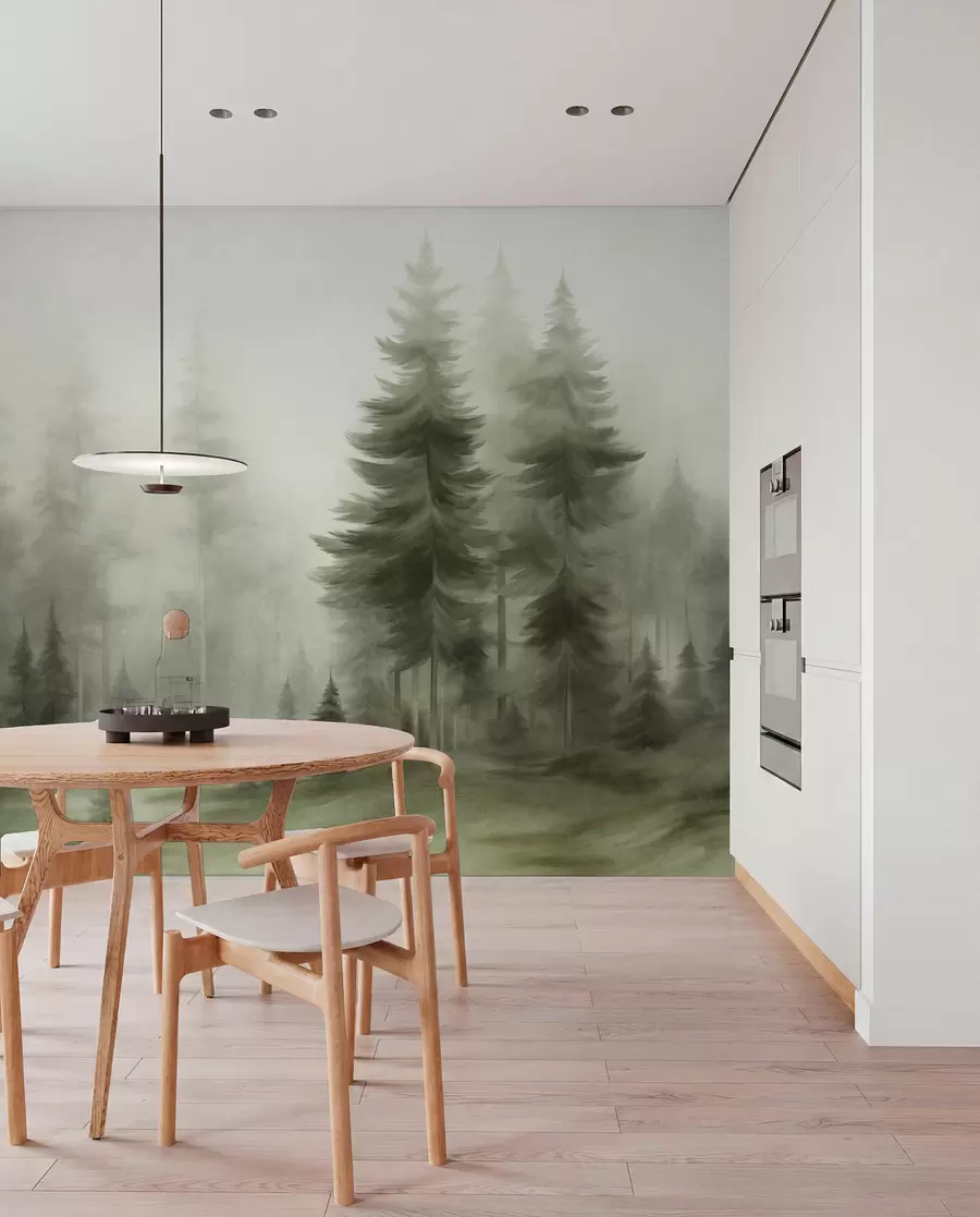 Papier peint Une forêt dense peuplée de grands pins dans une légère brume, une œuvre d'art paysager aux textures riches w09830v1