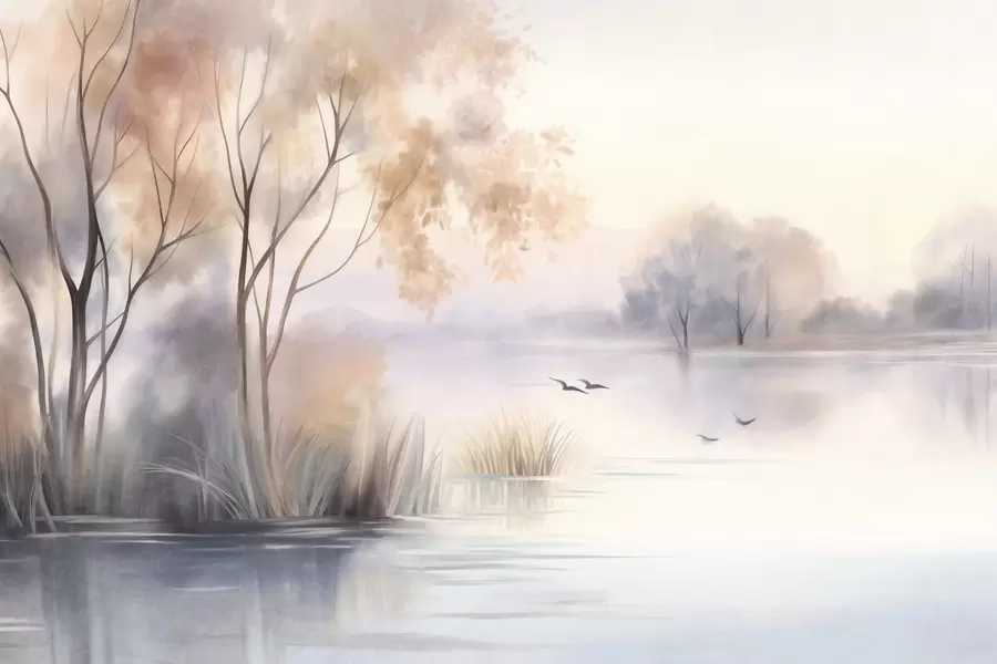 Papier peint Paysage : un lac brumeux parsemé d'arbres et de roseaux, avec des oiseaux en vol, dans un style aquarelle texturé w09866