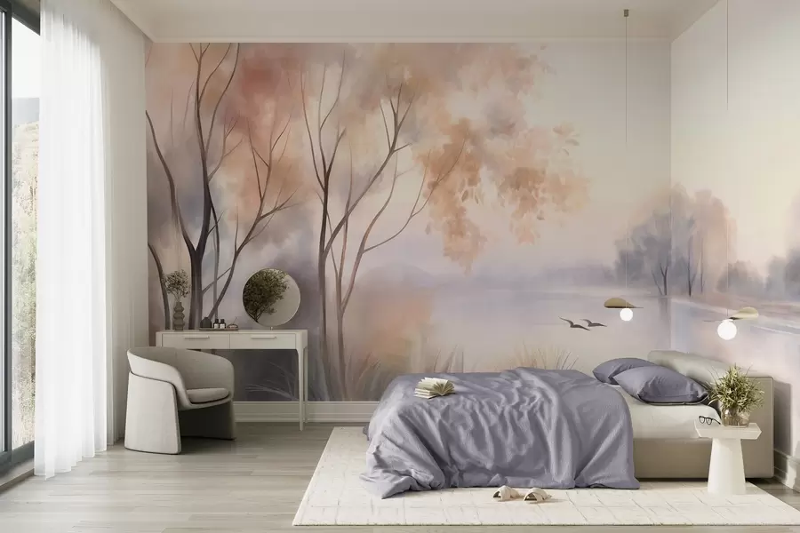Papier peint Paysage : un lac brumeux parsemé d'arbres et de roseaux, avec des oiseaux en vol, dans un style aquarelle texturé w09866