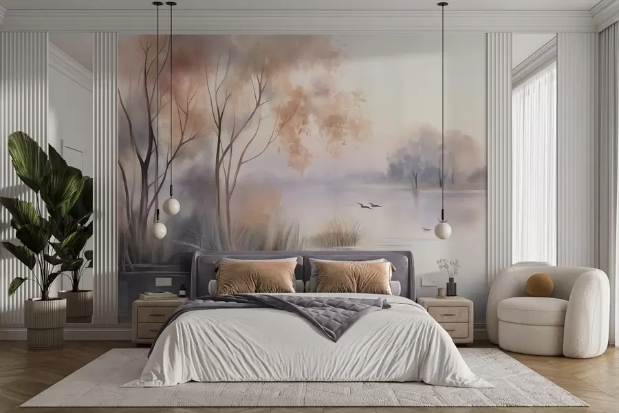 Papier peint Paysage : un lac brumeux parsemé d'arbres et de roseaux, avec des oiseaux en vol, dans un style aquarelle texturé w09866