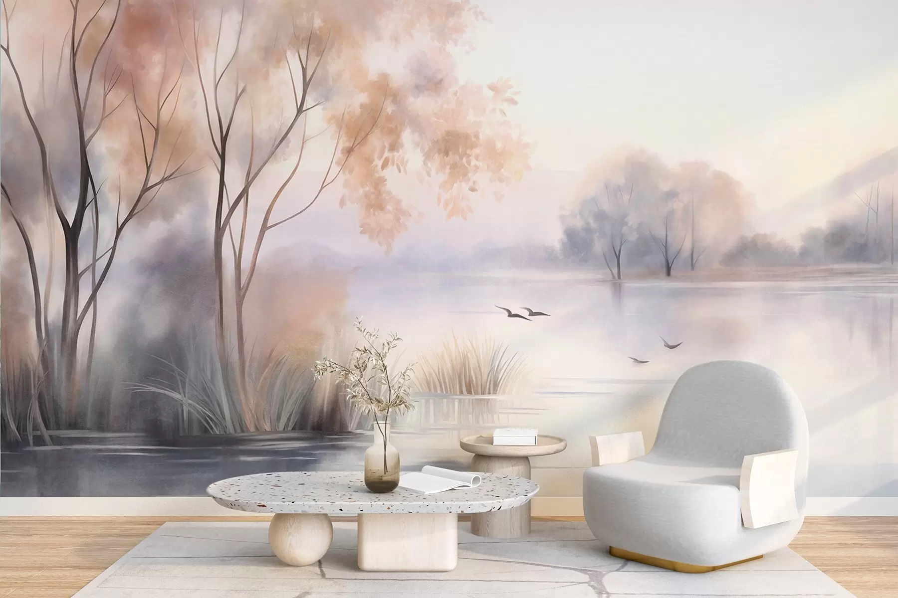 Papier peint Paysage : un lac brumeux parsemé d'arbres et de roseaux, avec des oiseaux en vol, dans un style aquarelle texturé w09866