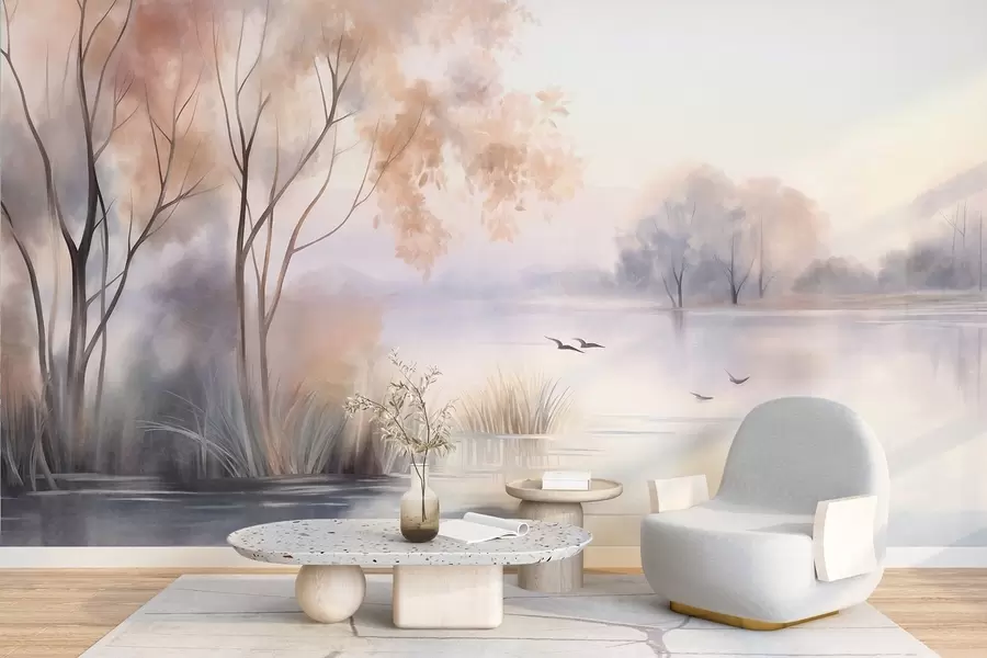 Papier peint Paysage : un lac brumeux parsemé d'arbres et de roseaux, avec des oiseaux en vol, dans un style aquarelle texturé w09866