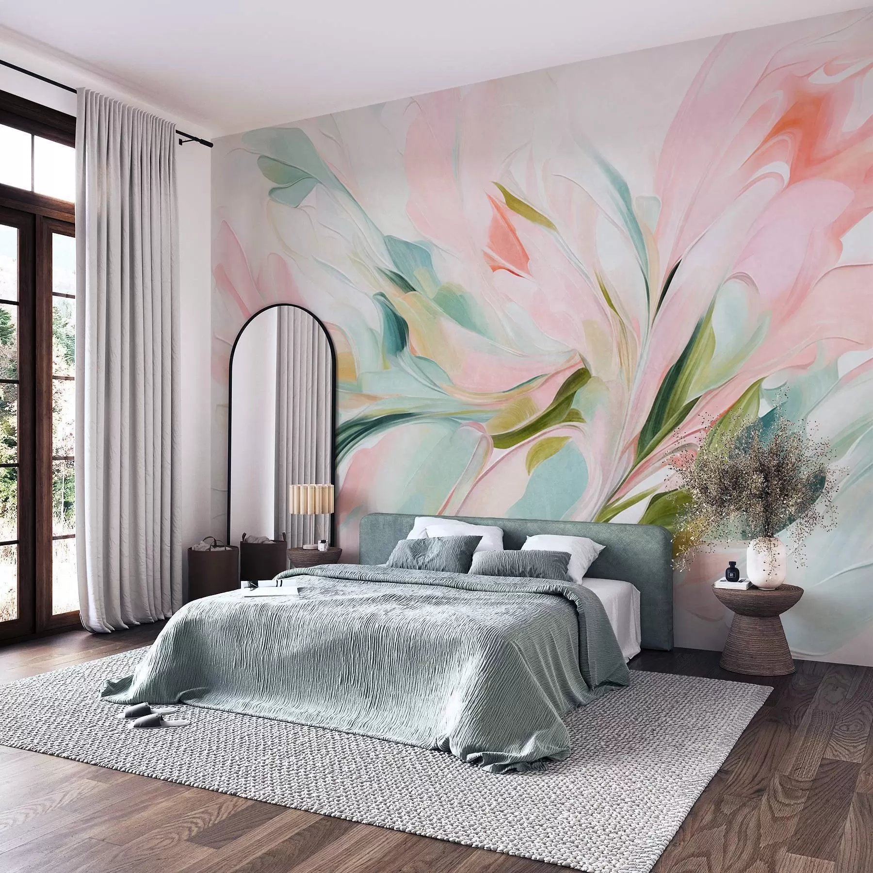 Papier peint Peinture florale abstraite, réalisée à l'aide de touches de pinceau aux couleurs pastel douces sur un fond clair w09871