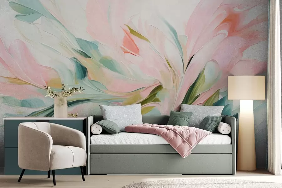 Papier peint Peinture florale abstraite, réalisée à l'aide de touches de pinceau aux couleurs pastel douces sur un fond clair w09871