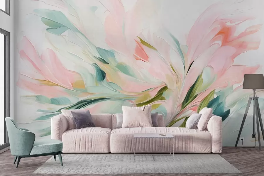 Papier peint Peinture florale abstraite, réalisée à l'aide de touches de pinceau aux couleurs pastel douces sur un fond clair w09871