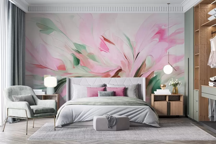 Papier peint Peinture florale abstraite, réalisée à l'aide de touches de pinceau aux couleurs pastel douces sur un fond clair w09871v1