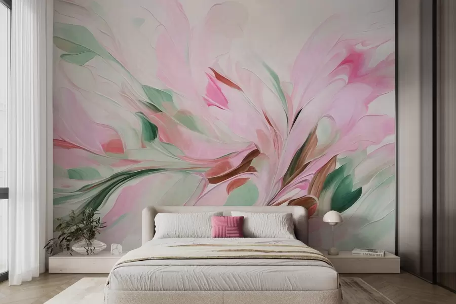 Papier peint Peinture florale abstraite, réalisée à l'aide de touches de pinceau aux couleurs pastel douces sur un fond clair w09871v1