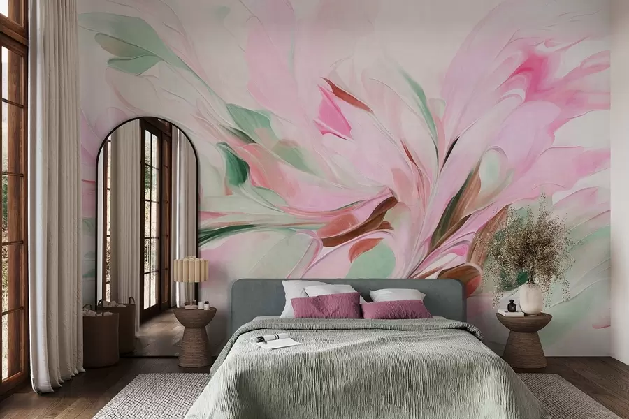 Papier peint Peinture florale abstraite, réalisée à l'aide de touches de pinceau aux couleurs pastel douces sur un fond clair w09871v1