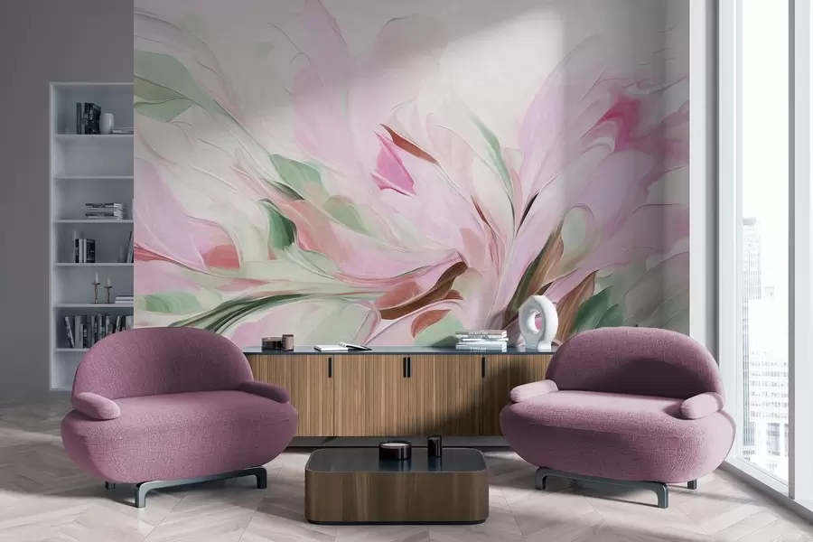 Papier peint Peinture florale abstraite, réalisée à l'aide de touches de pinceau aux couleurs pastel douces sur un fond clair w09871v1