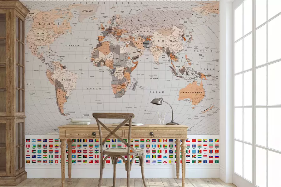Papier peint Une carte politique du monde avec des drapeaux dans des tons de marron et de beige, en anglais c00004env2