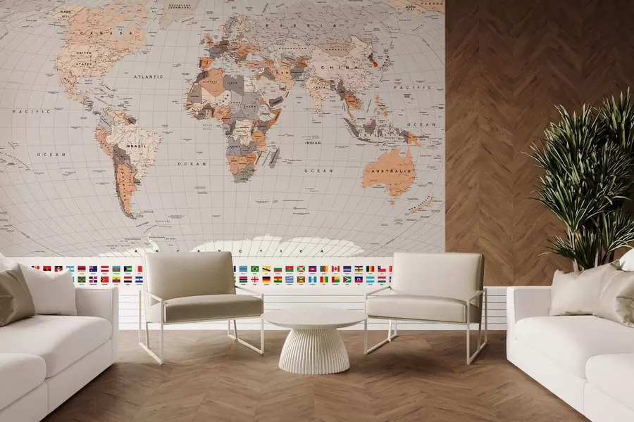 Papier peint Une carte politique du monde avec des drapeaux dans des tons de marron et de beige, en anglais c00004env2