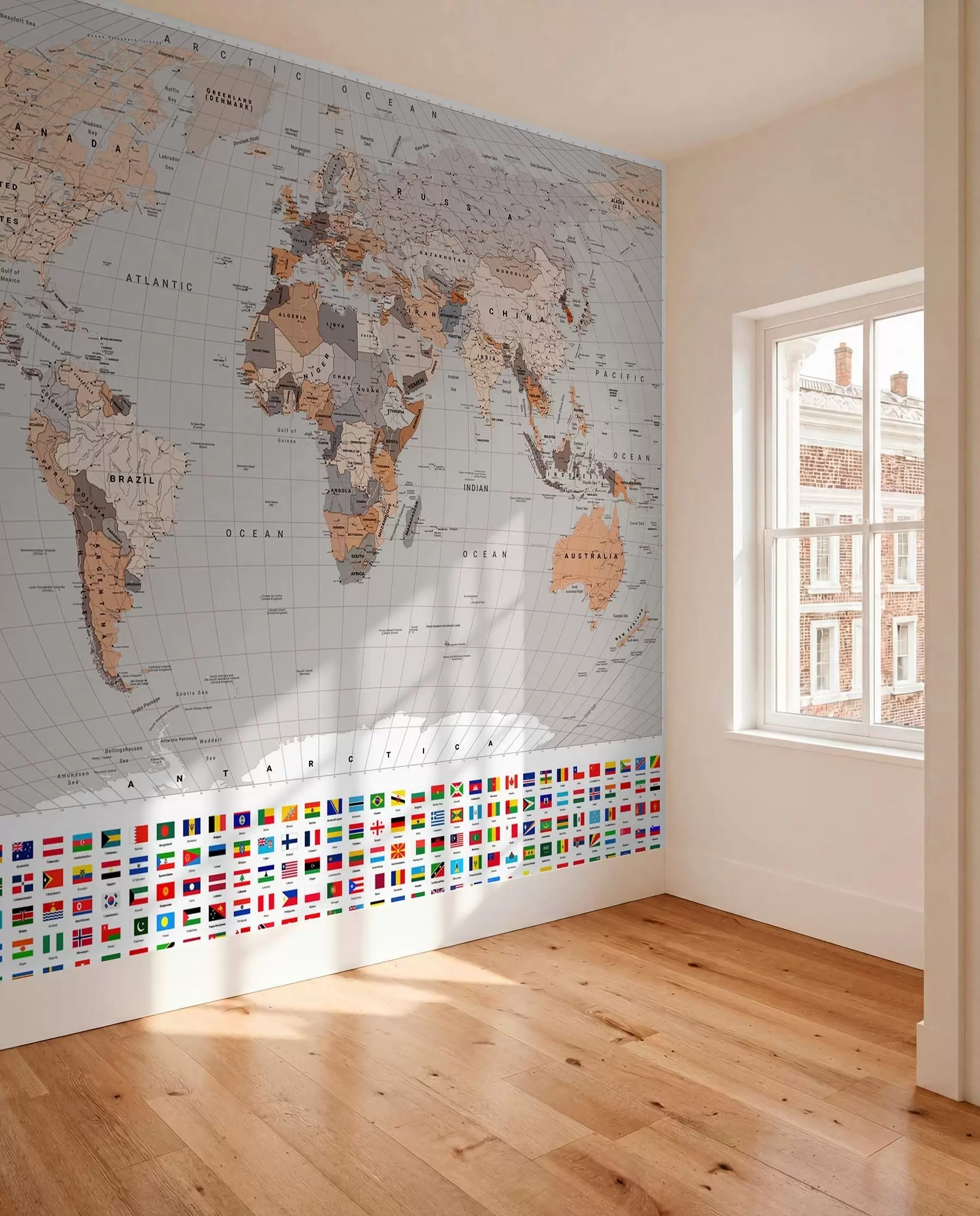 Papier peint Une carte politique du monde avec des drapeaux dans des tons de marron et de beige, en anglais c00004env2