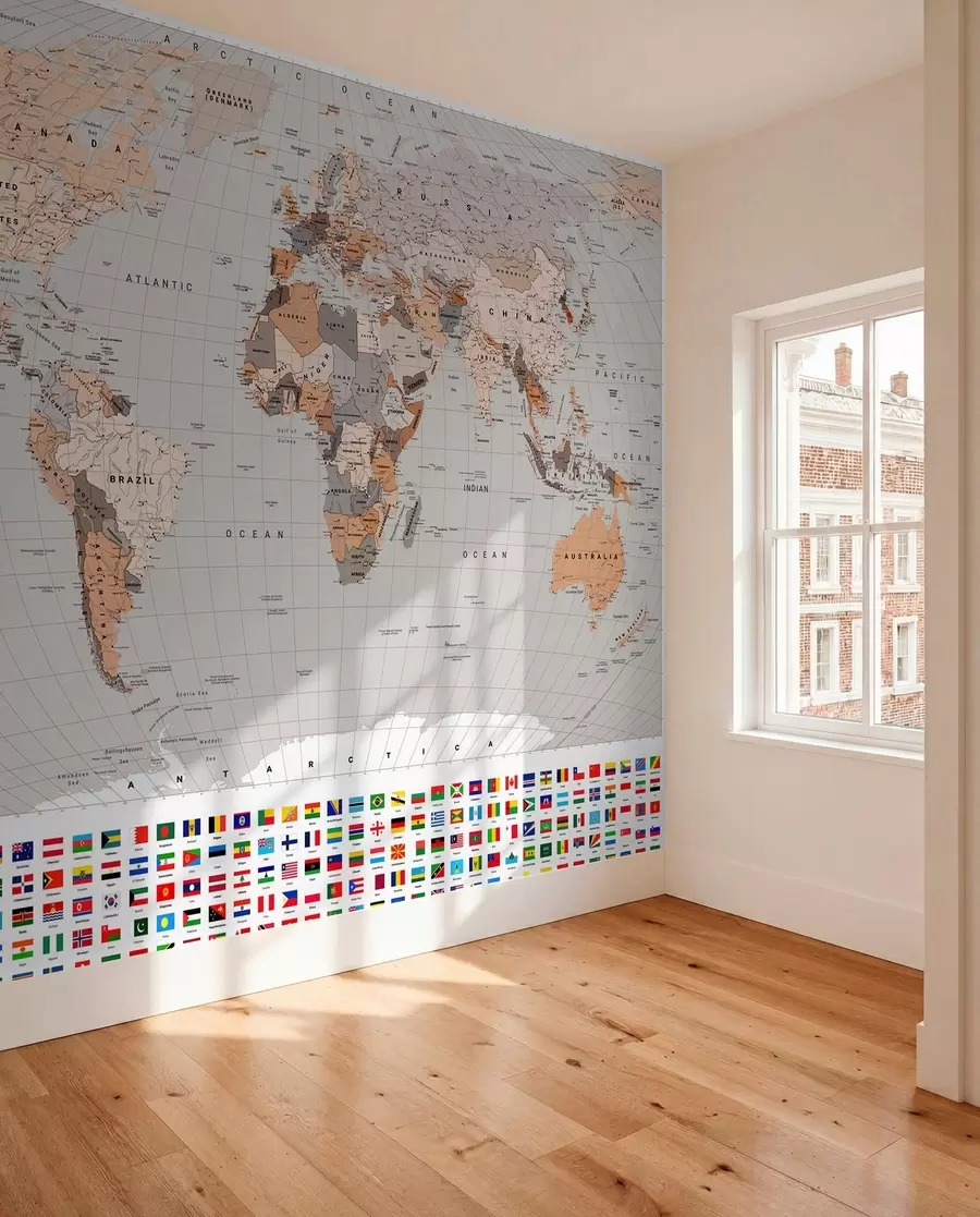 Papier peint Une carte politique du monde avec des drapeaux dans des tons de marron et de beige, en anglais c00004env2