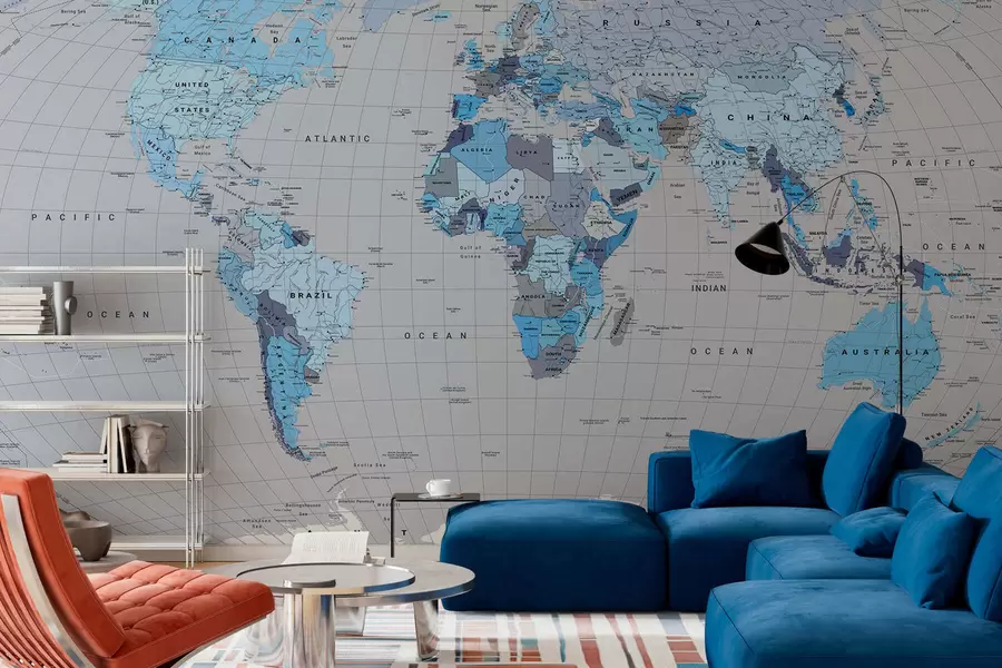 Papier peint Une carte politique du monde avec des drapeaux dans des nuances de bleu, en anglais c00004env3