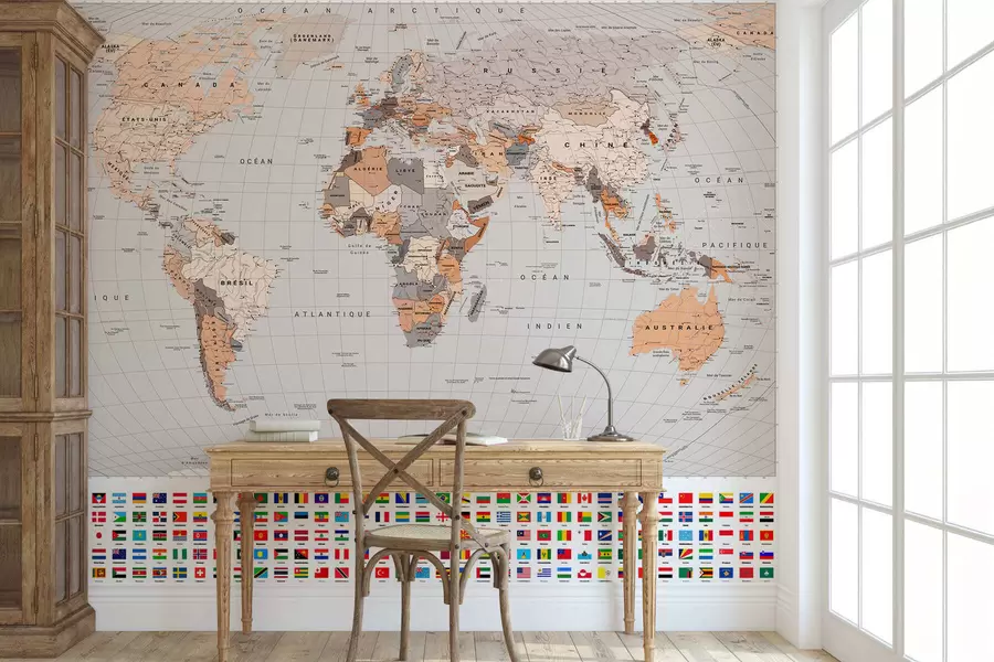 Papier peint Une carte politique du monde avec des drapeaux dans des tons de marron et de beige, en français c00004frv2