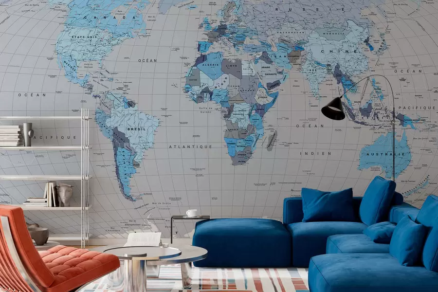 Papier peint Une carte politique du monde avec des drapeaux dans des nuances de bleu, en français c00004frv3
