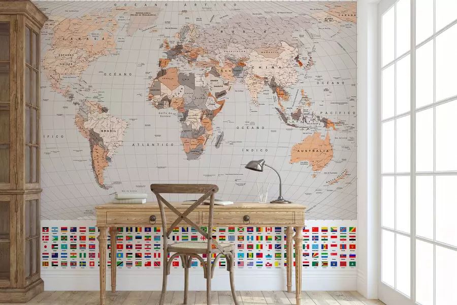 Papier peint Une carte politique du monde avec des drapeaux dans des tons de marron et de beige (en espagnol) c00004esv2