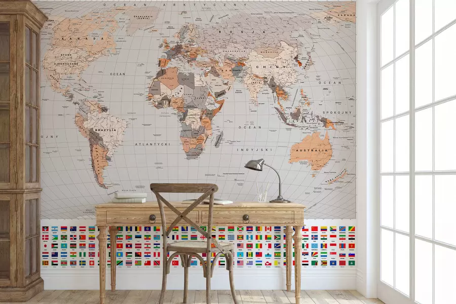Papier peint Une carte politique du monde avec des drapeaux dans des tons de marron et de beige. En polonais c00004plv2