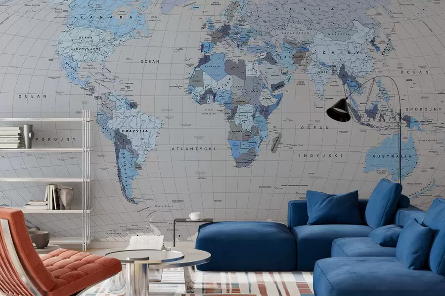 Papier peint Une carte politique du monde avec des drapeaux dans des nuances de bleu. En polonais c00004plv3