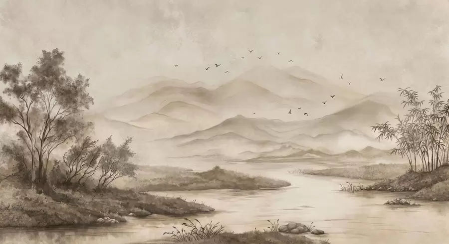 Papier peint Paysage de montagne brumeux avec une rivière et des oiseaux w05535