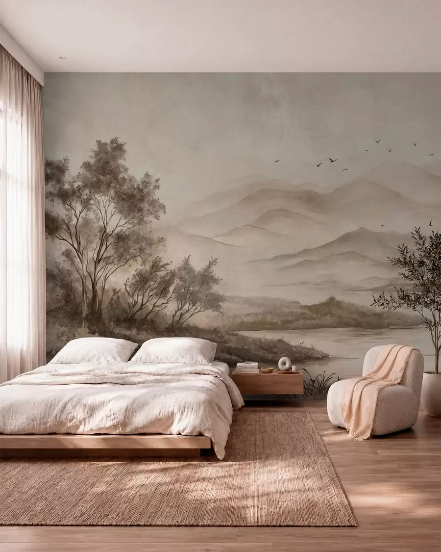 Papier peint Paysage de montagne brumeux avec une rivière et des oiseaux w05535