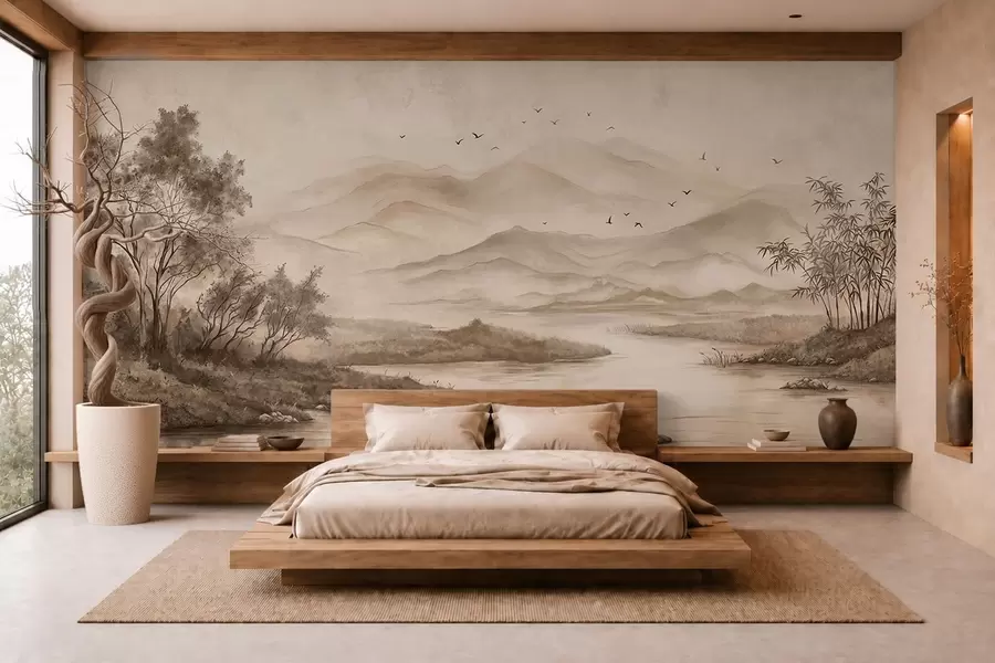 Papier peint Paysage de montagne brumeux avec une rivière et des oiseaux w05535
