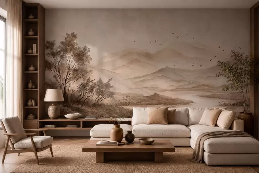 Papier peint Paysage de montagne brumeux avec une rivière et des oiseaux w05535