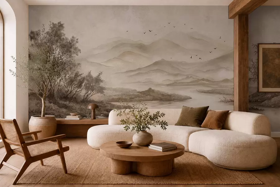Papier peint Paysage de montagne brumeux avec une rivière et des oiseaux w05535