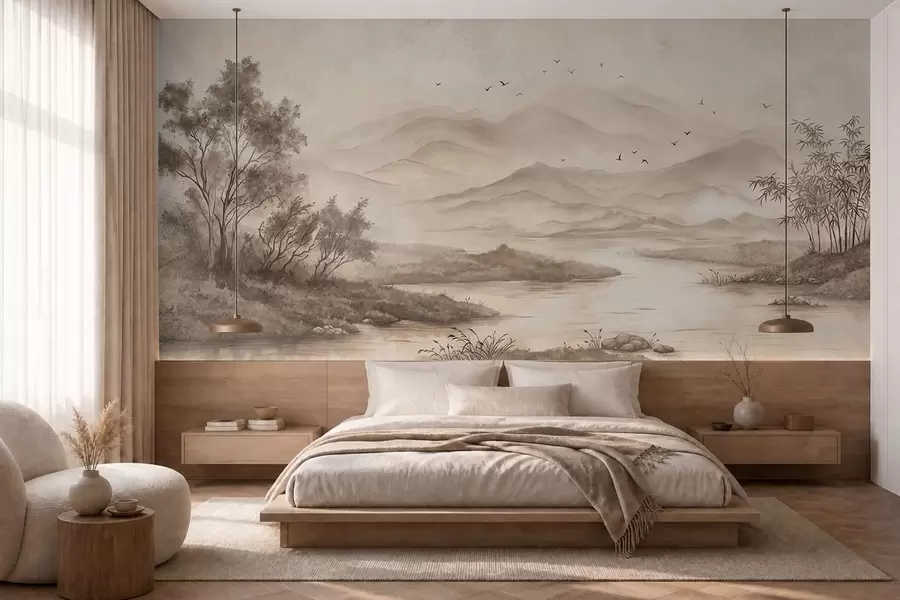 Papier peint Paysage serein avec une rivière et des montagnes au loin w05535v1
