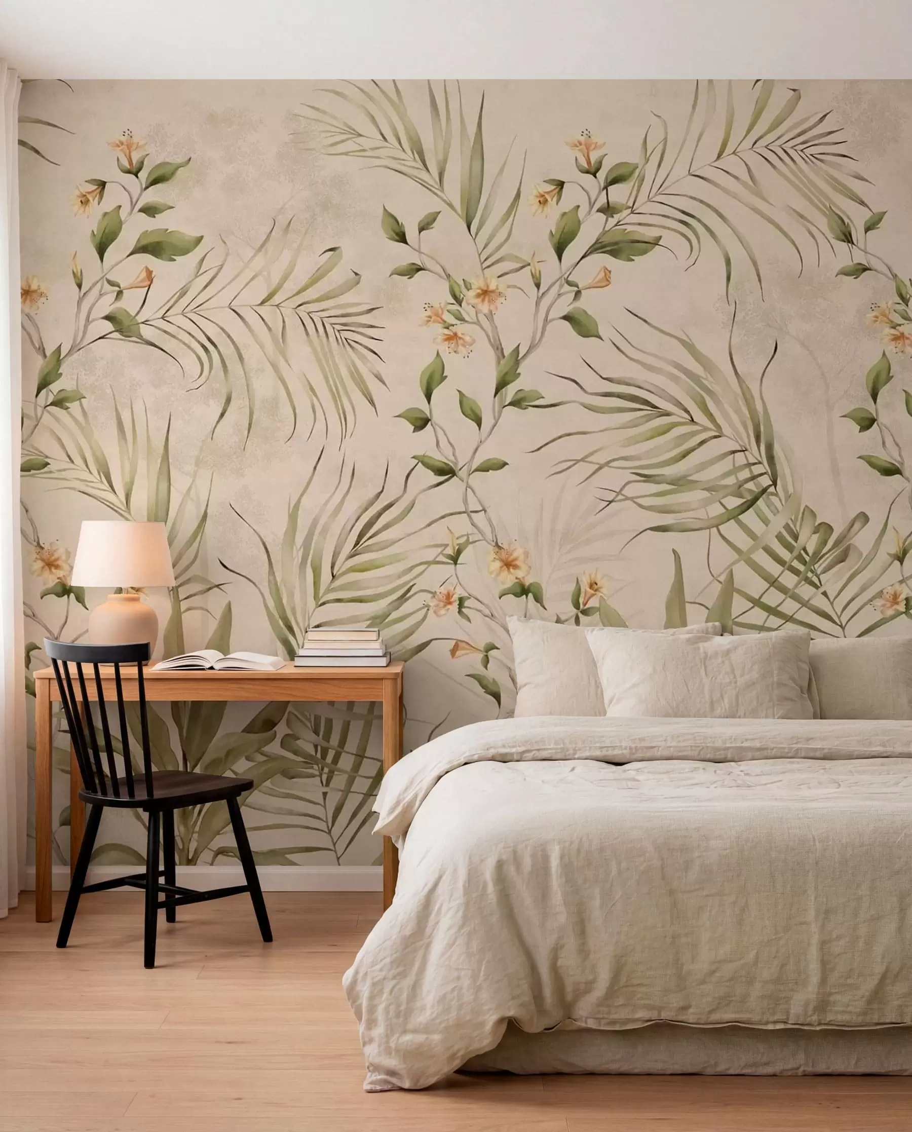 Papier peint Feuilles tropicales et fleurs délicates sur fond beige w05625