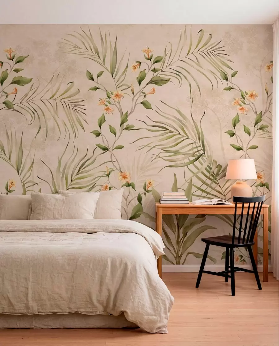 Papier peint Feuilles tropicales et fleurs délicates sur fond beige w05625