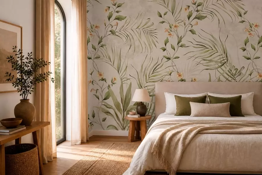 Papier peint Feuilles tropicales et fleurs délicates sur fond beige w05625